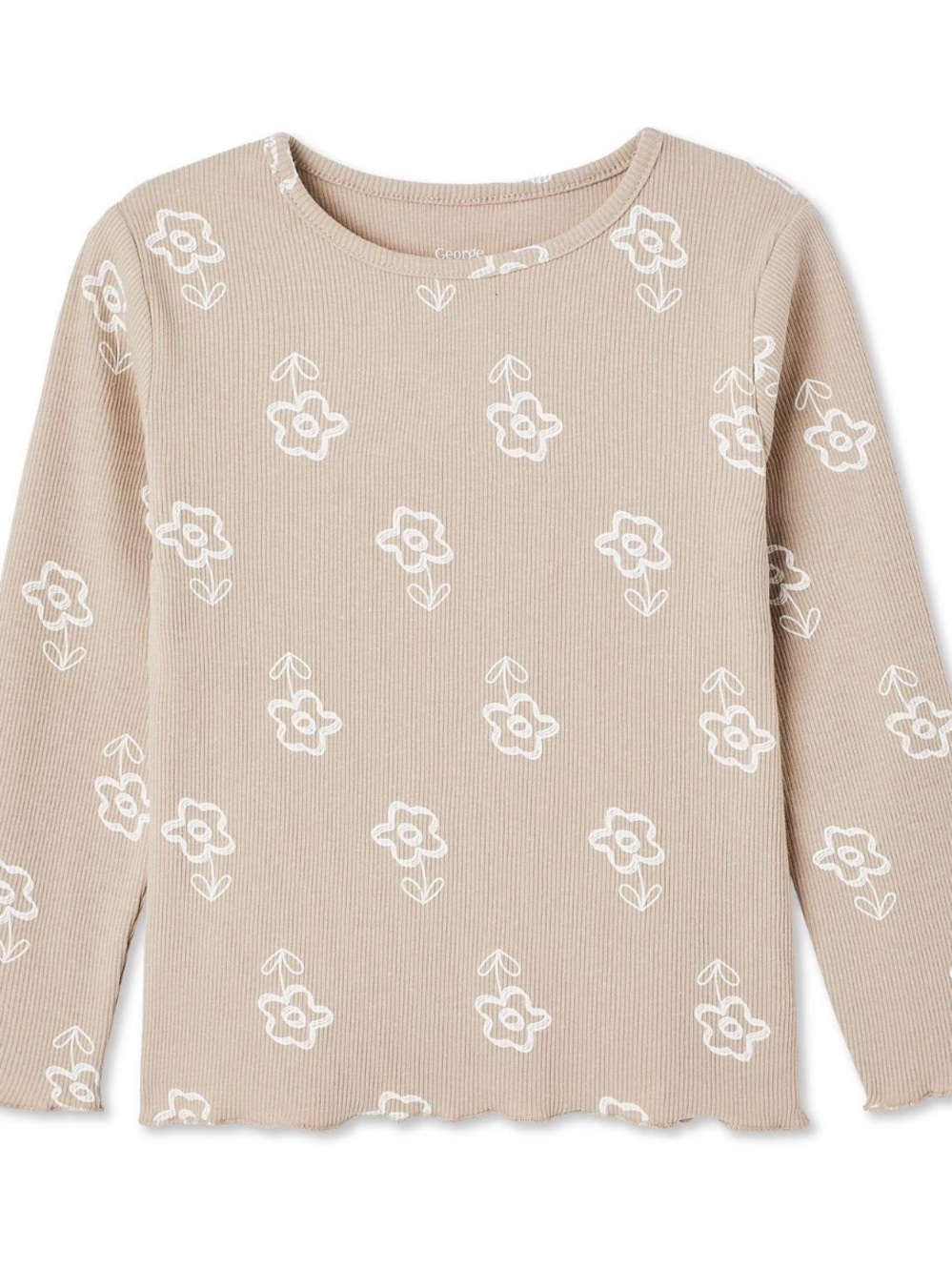 George Beige Ribbed Long Sleeve Tee with White Floral Print